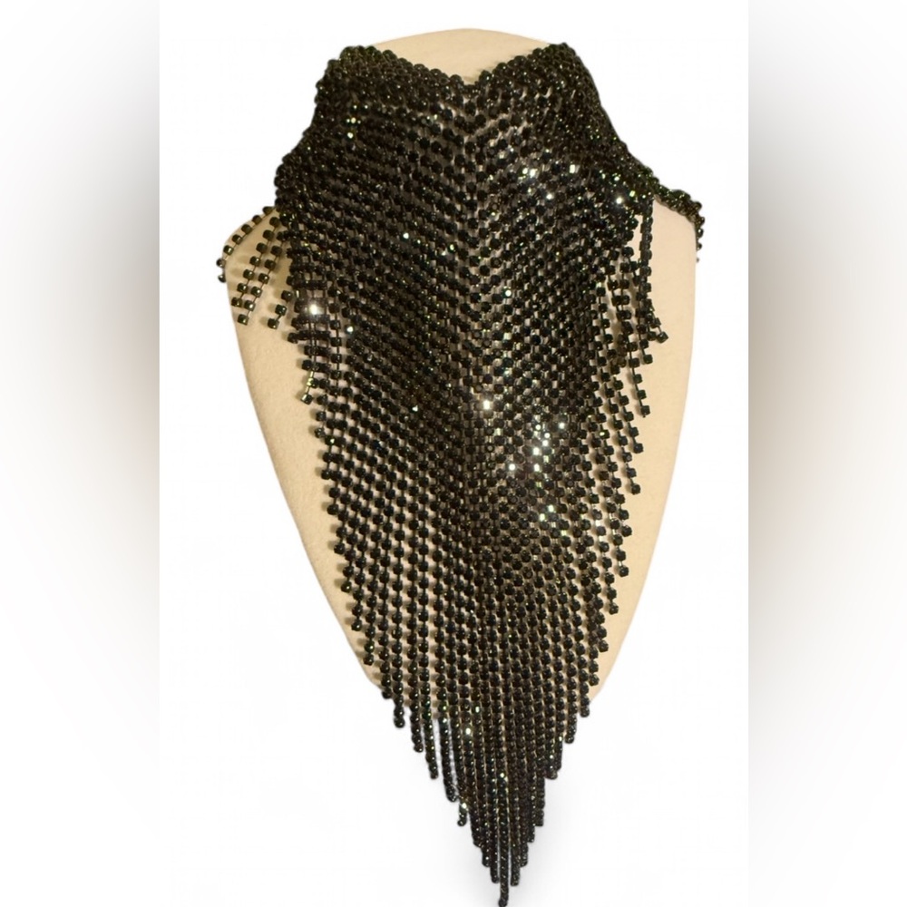 Glamorous Black Beaded Fringe Necklace